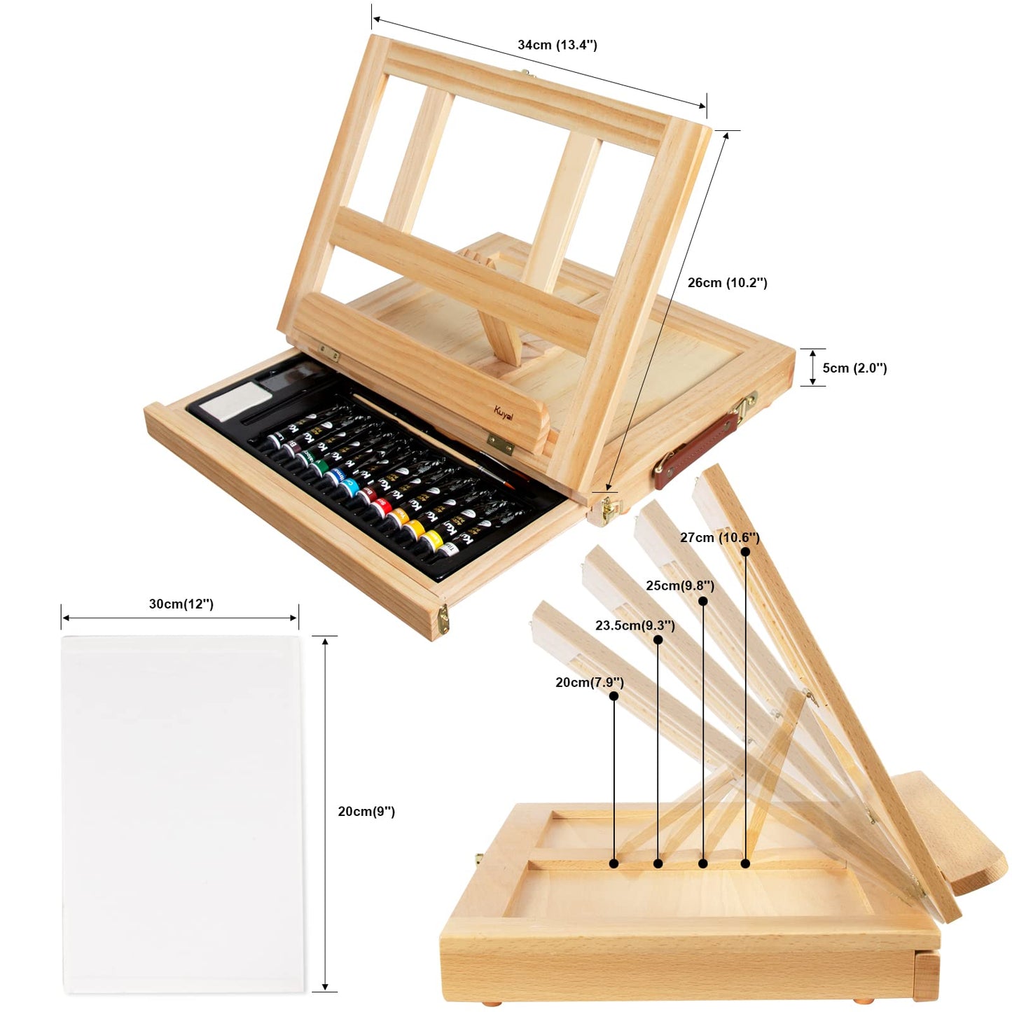 Kuyal Paint Set, 34 Piece Adjustable Tabletop Easel Set, Wooden Art Set Crafts Drawing Painting Kit with Easel and 3 Canvas Boards, 12 Acrylic Paints Etc. Paint Kit for Artist Beginners