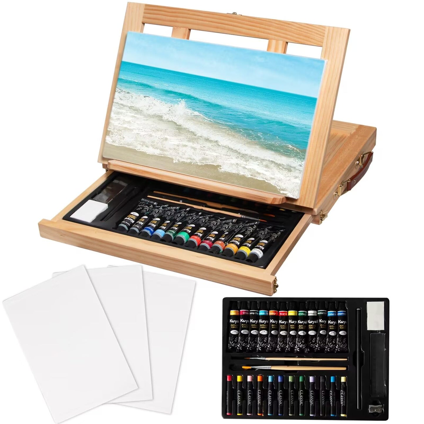 Kuyal Paint Set, 34 Piece Adjustable Tabletop Easel Set, Wooden Art Set Crafts Drawing Painting Kit with Easel and 3 Canvas Boards, 12 Acrylic Paints Etc. Paint Kit for Artist Beginners