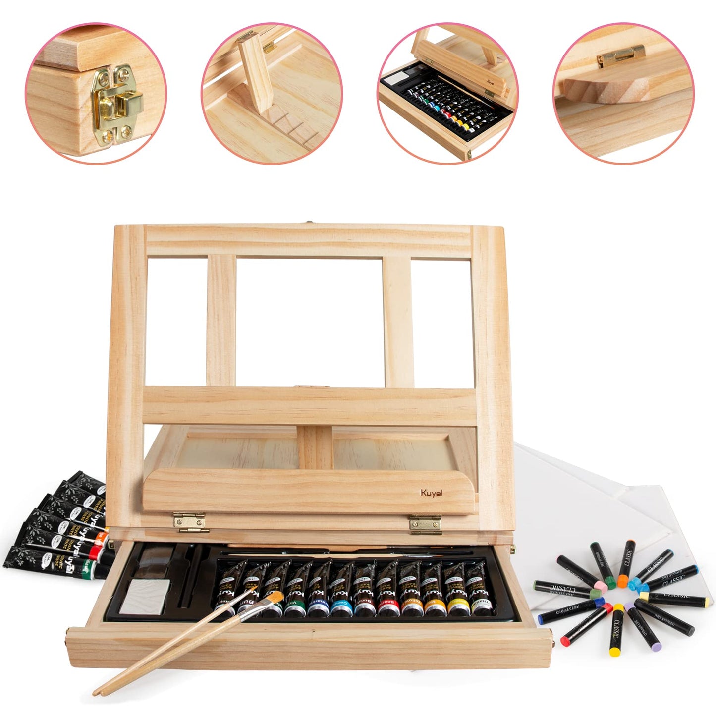 Kuyal Paint Set, 34 Piece Adjustable Tabletop Easel Set, Wooden Art Set Crafts Drawing Painting Kit with Easel and 3 Canvas Boards, 12 Acrylic Paints Etc. Paint Kit for Artist Beginners