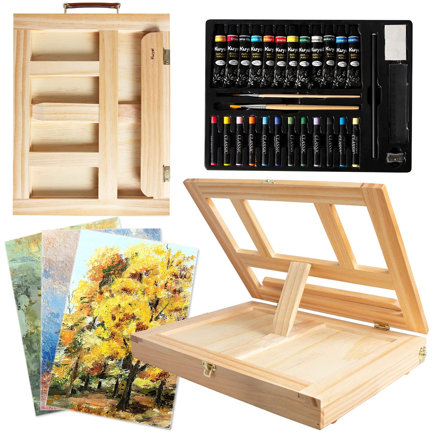 Kuyal Paint Set, 34 Piece Adjustable Tabletop Easel Set, Wooden Art Set Crafts Drawing Painting Kit with Easel and 3 Canvas Boards, 12 Acrylic Paints Etc. Paint Kit for Artist Beginners