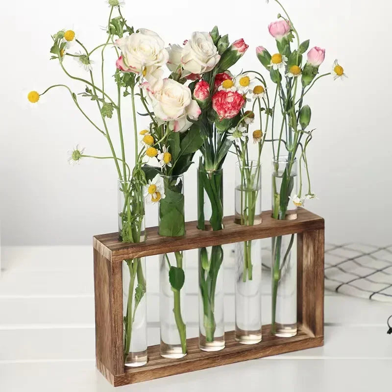 Minimalist Nordic Test Tube Glass Vase Decoration Creative Wooden Frame Hydroponic Plant Container Home Decoration Plant Shelf