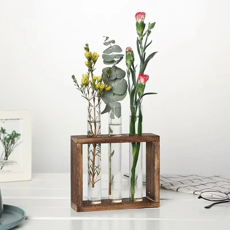 Minimalist Nordic Test Tube Glass Vase Decoration Creative Wooden Frame Hydroponic Plant Container Home Decoration Plant Shelf