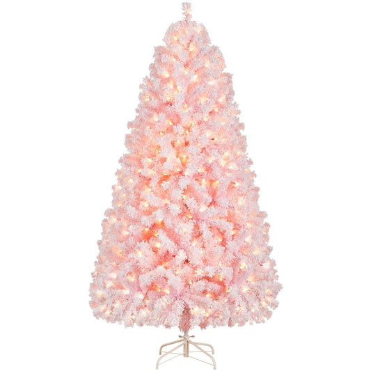 6 Ft Pre-lit Flocked Christmas Tree with Warm Lights, Pink